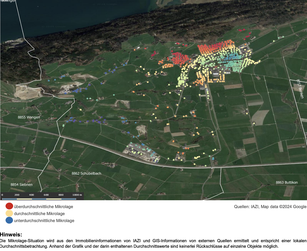 Diese Mikrolagekarte von Tuggen SZ zeigt die Wohnlagen mit transaktionsbasierten Immobilienpreisen und orientierenden Quadratmeterpreisen. Eigentümer erhalten eine verständliche Grundlage, um den möglichen Verkaufspreis ihrer Immobilie besser einschätzen zu können.