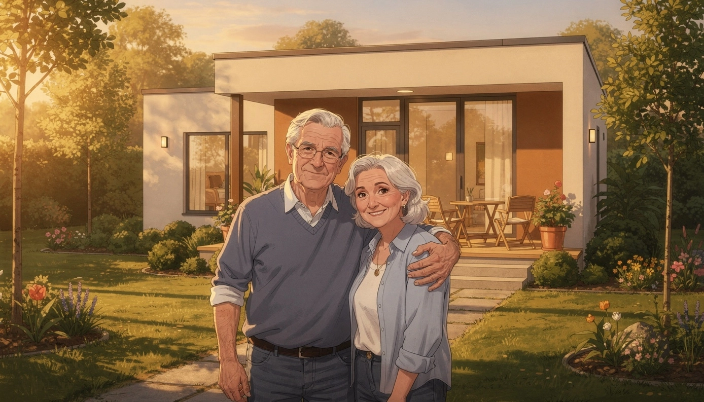 Ein glücklich lächelndes älteres Paar steht Arm in Arm im eigenen Garten vor ihrem fertiggestellten, modernen Bungalow.